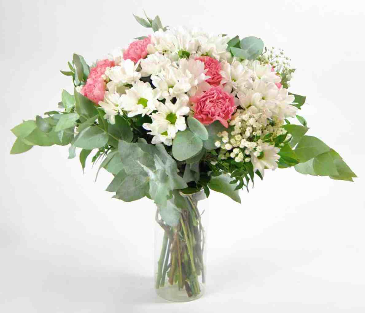 Ramo de margaritas blancas y claveles rosas – Dulzura y frescura natural