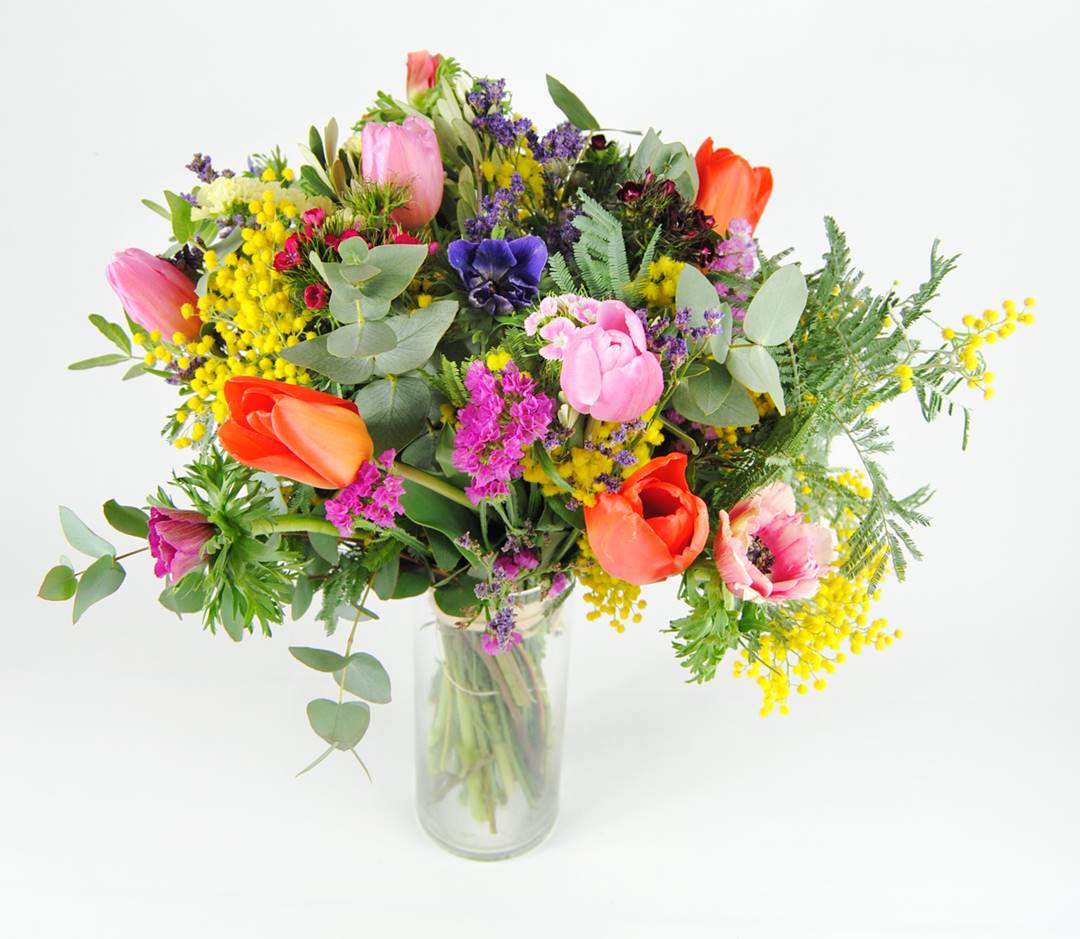 Mimosa, tulipanes, Anemonas, clavel poeta, limonium, estatice, eucalipto y lentisco