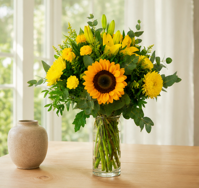 Ramo de girasoles, liliums amarillos, crisantemos y eucalipto en jarrón de cristal para regalar.