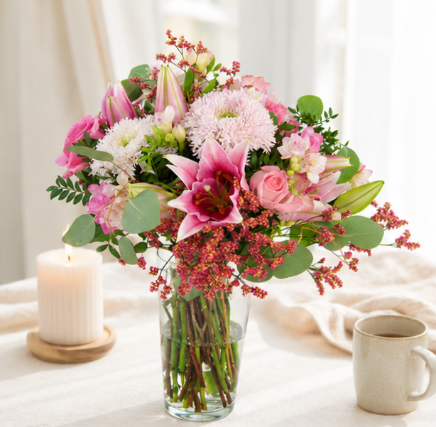 Ramo Lily con lilium rosa, rosas y flores frescas