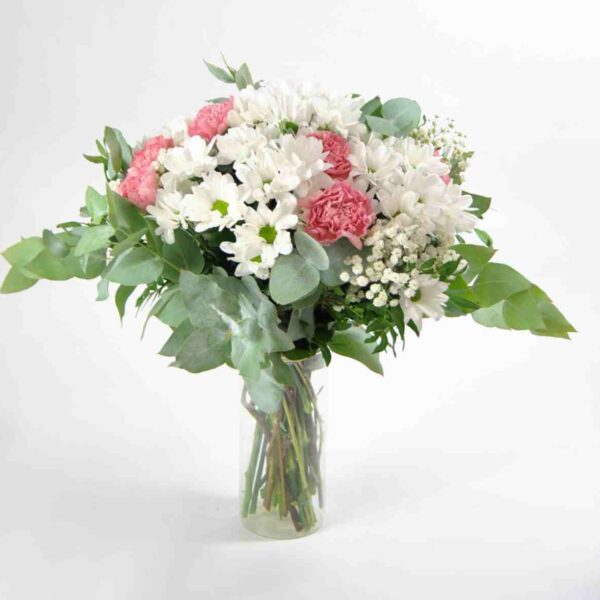 Ramo de margaritas blancas y claveles rosas – Dulzura y frescura natural