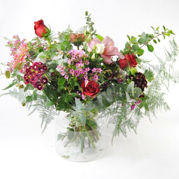 Enviar Ramo de flores con aleli rosa, astromelia, clavel fucsia, rosa pitimini fucsia, rosas lilas, romero y esparreguera - Originalflor