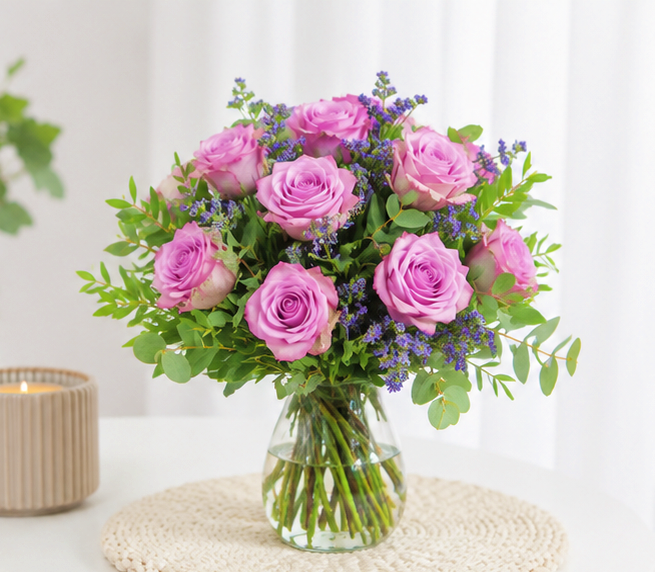 Regalar ramo de rosas lilas.