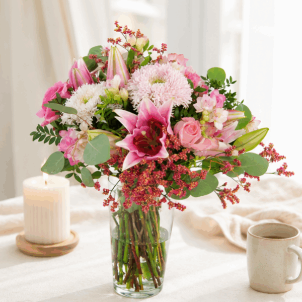 Ramo Lily con lilium rosa, rosas y flores frescas