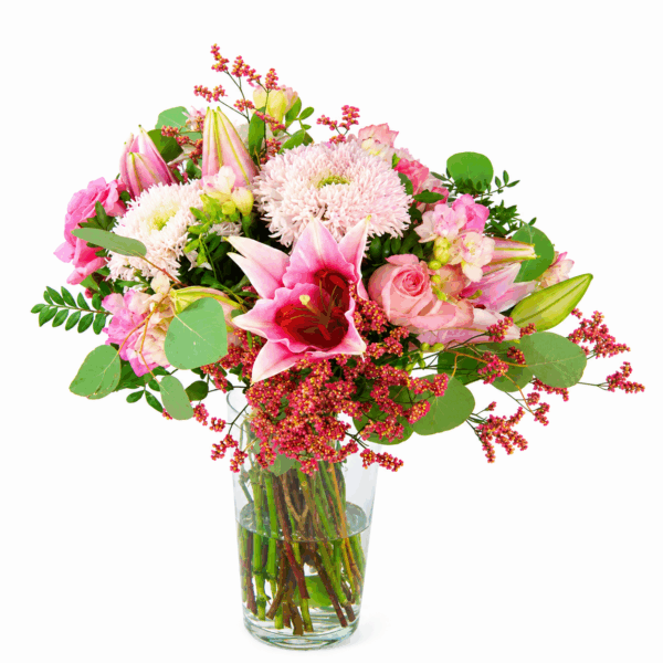 Ramo Lily con lirios rosas, rosas rosadas, crisantemos y verdes naturales. Envío a domicilio ramo de flores.